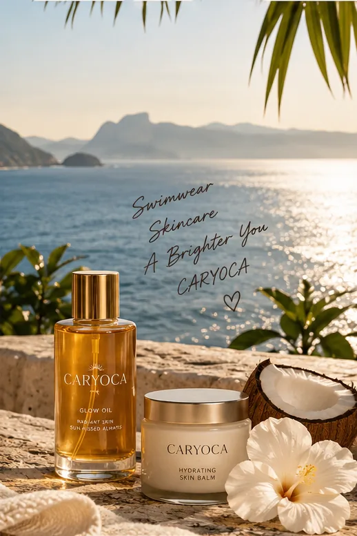 Glow oil and skin balm on a stone ledge above the sea